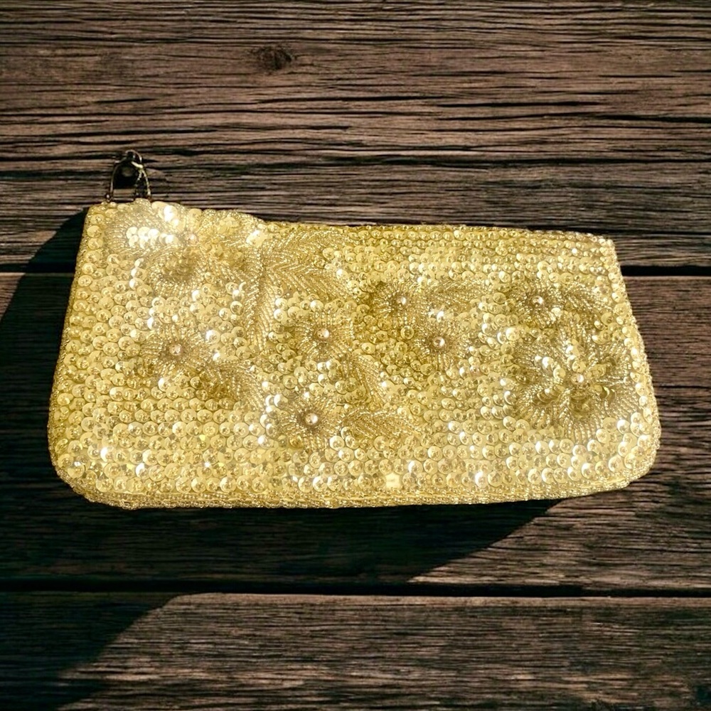 Vintage Gold Satin Sequin & Beaded Folded Clutch Bag - Picture 9 of 15